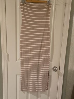 See You Monday Taupe-Striped Strapless Maxi Dress